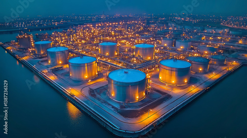 Obraz na płótnie Aerial view Industry zone of a LNG or LPG plant. Liquefied natural gas plant with a lot of liquefied natural gas tanks. Liquefied natural gas station. w salonie