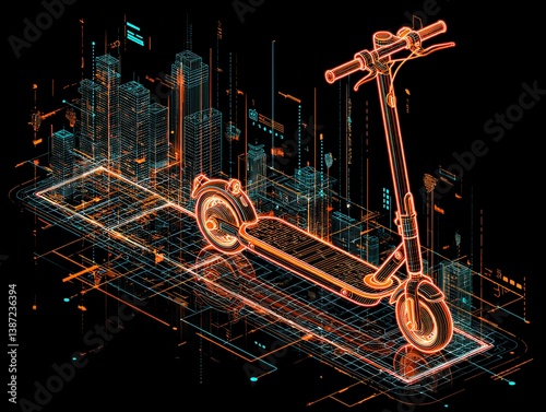Electric Scooter in a Digital Landscape: A sleek electric scooter takes center stage in a futuristic digital landscape, rendered in a captivating neon-hued design.
