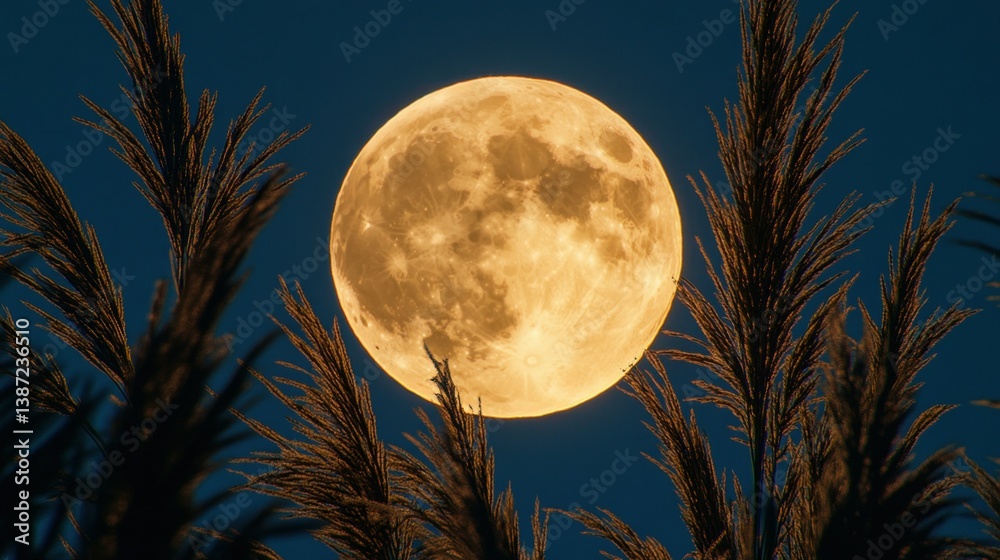 Fototapeta premium Full moon behind tall grasses at night