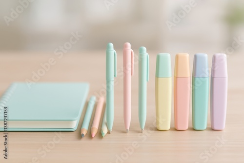 Stationery Collection With Pastel Colored Pens and Notebook on a Wooden Table...