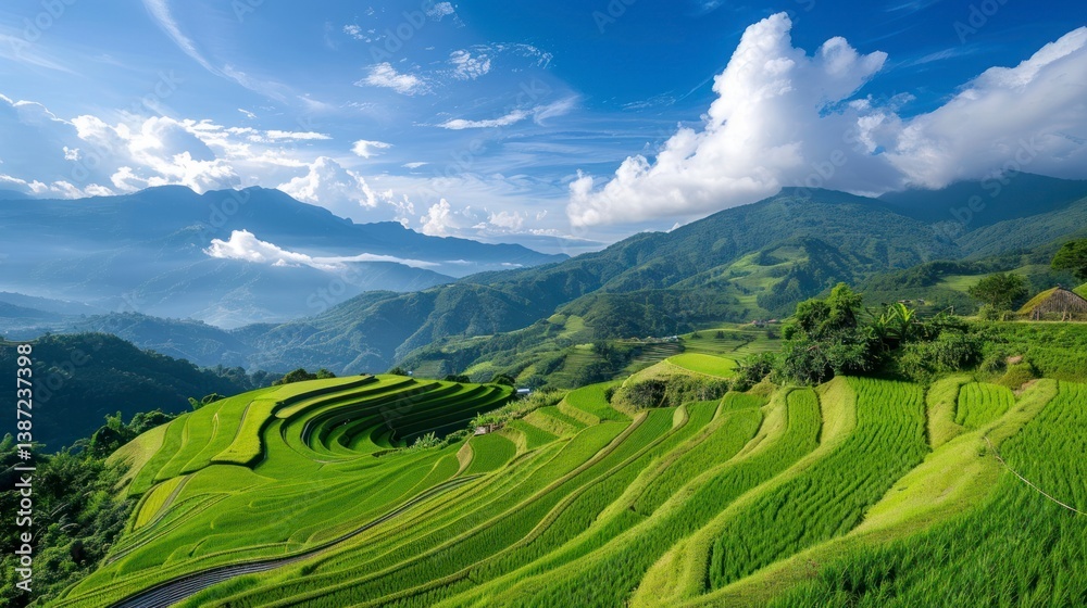Obraz premium Vibrant Rice Terraces in Lush Green Mountain Valley on a Sunny Day