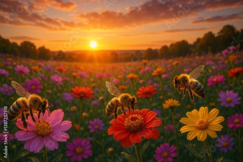 Bees Pollinating Colorful Flowers at Sunset in a Vibrant Meadow During Spring