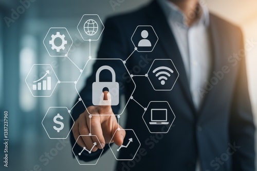 Business Professional Interacting With Digital Security Icons in a Modern Off...