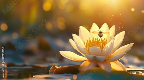 Golden Hour Serenity: A Bee on a Water Lily