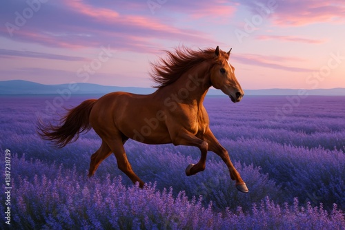 Horse Galloping Through Lavender Field at Sunset in Rural Landscape