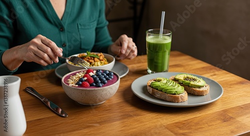 Obraz na płótnie Healthy breakfast with smoothie bowl, avocado toast, and green juice for a nutritious start w salonie