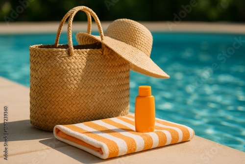 Summer Essentials by the Pool With a Woven Bag, Sun Hat, and Sunscreen, Captu...