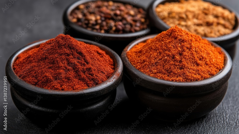 Assorted spice powders in small bowls. A close-up view of various spice blends, including chili powder, and other ground spices. Rich colors and textures Assorted spice powders in small bowls. A close-up view of various spice blends, including chili powder, and other ground spices. Rich colors and textures