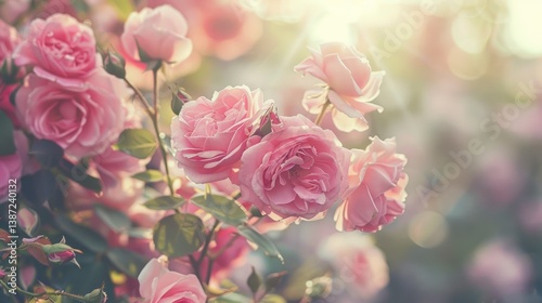 Blooming Pink Roses with Sunlight Creates a Soft Romantic Floral Scene