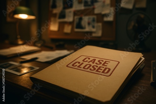 Closed Case File Rests on a Desk in a Dimly Lit Detective Office Filled With Notes