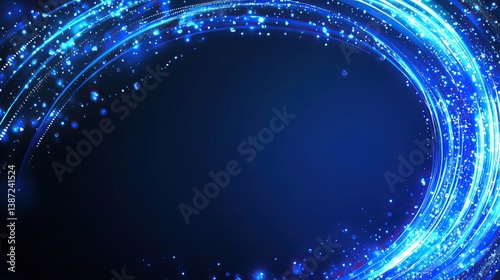 Blue light trails, abstract circular frame, dark background