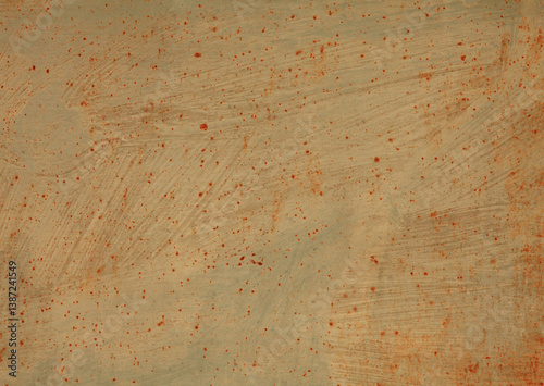 Wall background, texture, made of rusted metal. An old beige and rusty surface with faded color and cracks. The wall surface with faded yellowish color. Darkened and dim metallic backdrop of yellow