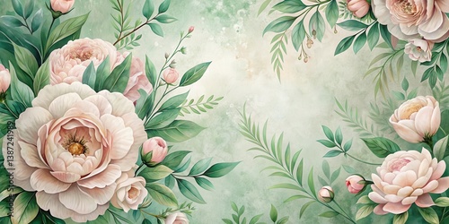 Elegant Pastel Peonies and Lush Greenery Flourish on a Soft Textured Background, Creating a Serene and Romantic Floral Design Ideal for Home Decor