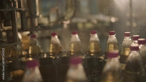 Wallpaper Mural Automated production line for bottling water or juice in a modern beverage factory. Plastic bottles move on conveyor belts through filling, capping, and packaging stages in industrial setting. Torontodigital.ca