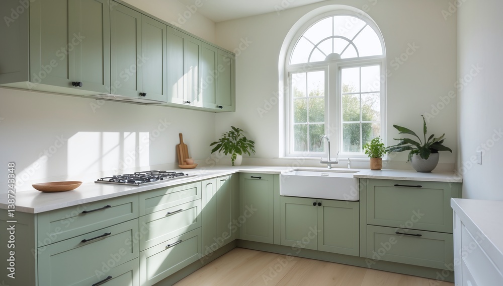 Fototapeta premium Modern Light Green Kitchen with White Countertops and Large Window