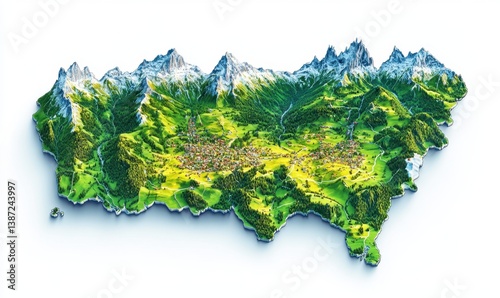 Alpine village 3D map, scenic valley, snow-capped peaks, travel tourism