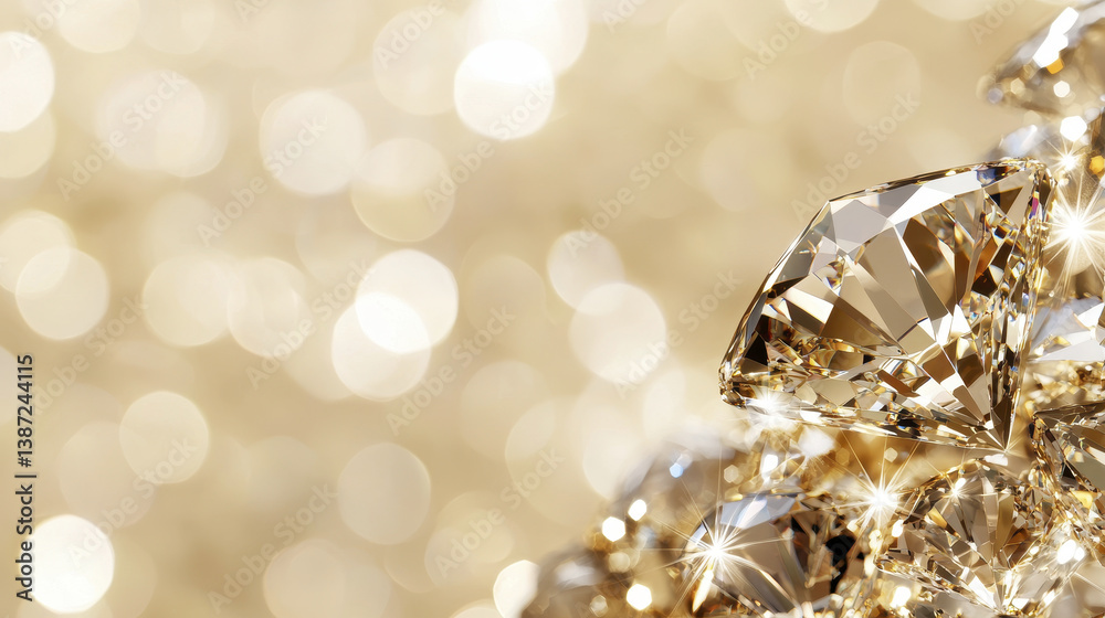 Shimmering diamonds sparkle against blurred golden background, creating luxurious and elegant atmosphere Shimmering diamonds sparkle against blurred golden background, creating luxurious and elegant atmosphere