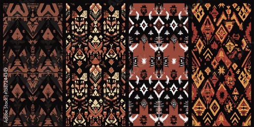 This design showcases four traditional Papuan patterns, each presented in two distinct color schemes. The patterns reflect the rich tribal art and cultural symbolism of Papua
