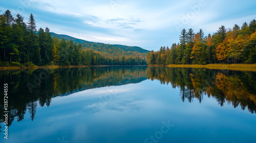 A serene calm lake reflecting the surrounding forest