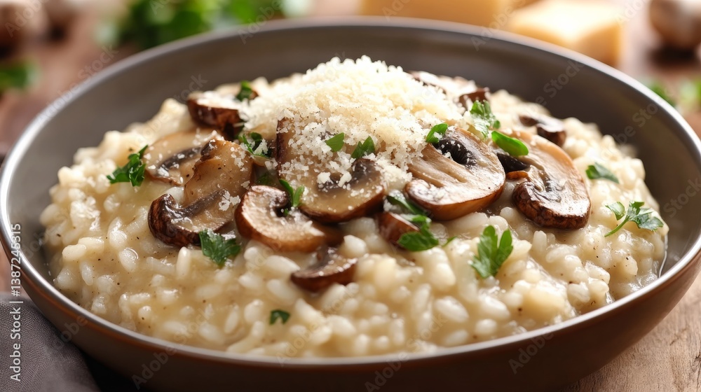 A creamy mushroom risotto with parmesan cheese. Featuring richness and comfort A creamy mushroom risotto with parmesan cheese. Featuring richness and comfort