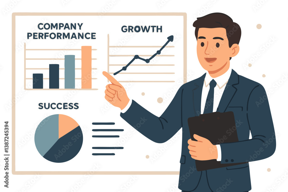Professional Businessman Presenting Company Growth Charts and Performance Analytics with Bar Graph, Line Chart and Pie Diagram for Business Success Visualization in Modern Corporate Setting Professional Businessman Presenting Company Growth Charts and Performance Analytics with Bar Graph, Line Chart and Pie Diagram for Business Success Visualization in Modern Corporate Setting
