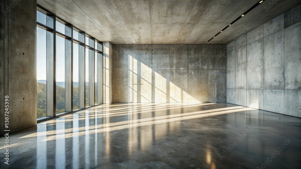 Sunlit Modern Concrete Room with Expansive Window and Scenic View Sunlit Modern Concrete Room with Expansive Window and Scenic View