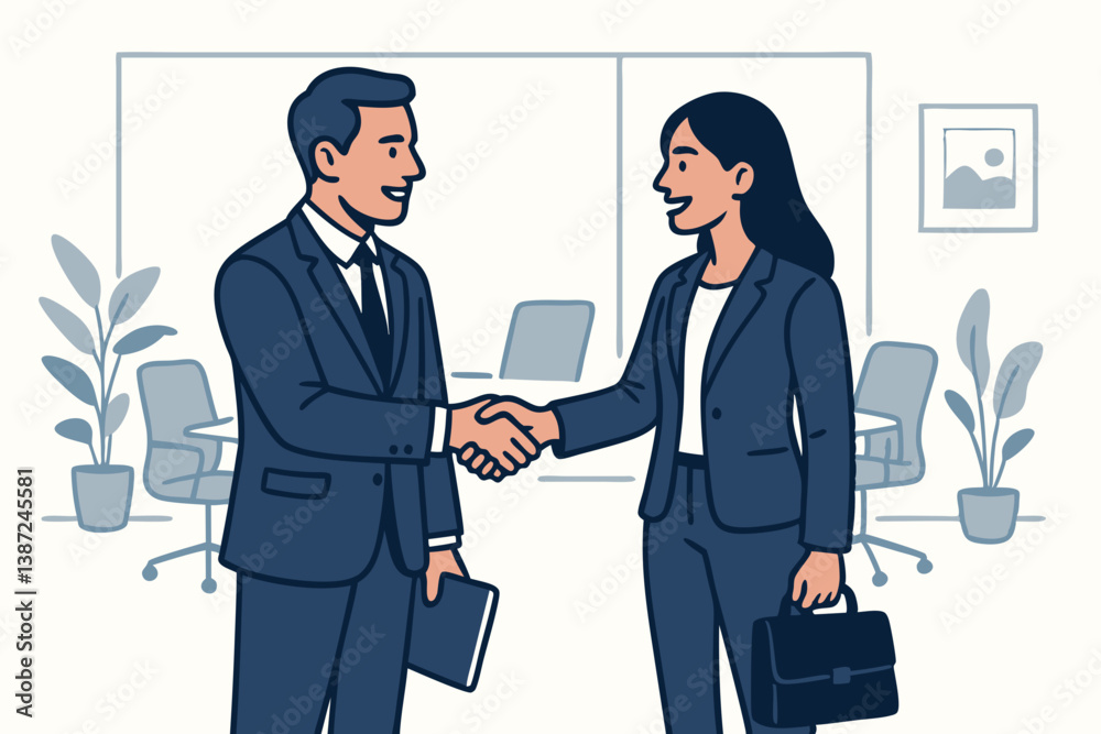Professional Business Handshake in Modern Office Setting with Businesspeople in Formal Attire Professional Business Handshake in Modern Office Setting with Businesspeople in Formal Attire