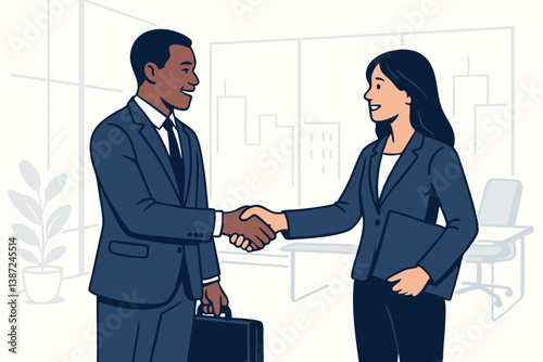 Professional Business Handshake in Modern Office Setting, Partnership and Agreement Concept Illustration
