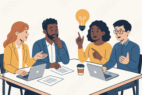 Diverse Business Team Brainstorming Creative Solutions with Light Bulb Moment Illustration, Professional Collaboration Meeting with Laptops and Documents for Corporate Innovation Strategy