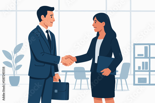 Professional Business Handshake Between Colleagues in Modern Office Setting with Corporate Attire