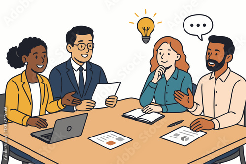 Diverse Business Team Brainstorming Ideas with Light Bulb Moment, Collaborative Meeting of Professionals Discussing Strategy, Multicultural Office Workers in Corporate Discussion Vector Illustration