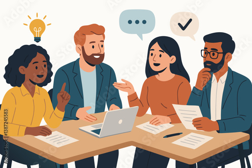 Diverse Team Collaborating in Office Meeting with Laptop, Papers, and Creative Brainstorming Icons for Business Strategy