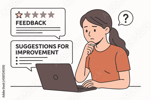 Woman Evaluating Online Feedback and Suggestions for Improvement Using a Laptop in a Minimalist Illustration Style