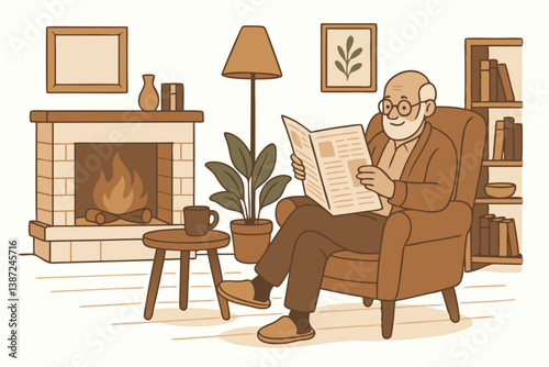 Cozy Living Room Scene with Elderly Man Reading Newspaper by Fireplace, Surrounded by Books and Warm Decor