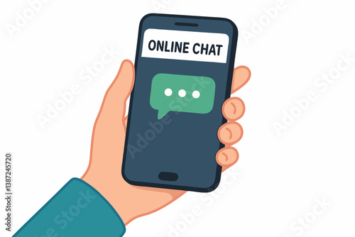 Modern Smartphone Online Chat Messaging App Vector Illustration with Hand Holding Mobile Phone, Green Speech Bubble with Typing Indicator, Digital Communication Concept for Social Media