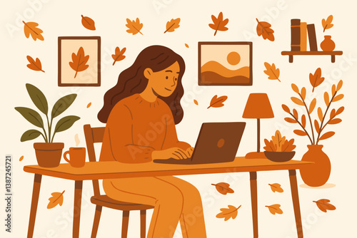 Cozy Autumn Home Office Vector Illustration with Woman Working on Laptop, Falling Maple Leaves, Houseplants, and Warm Orange Decor, Remote Work Lifestyle in Fall Season, Digital Minimalist Art