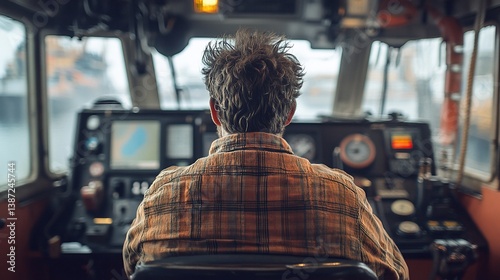 A focused skipper navigates a boat from the wheelhouse, showing a calm demeanor