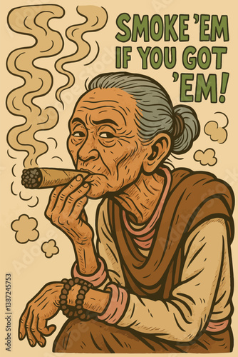 Woman Smoking Cigar with Humor Graphic Illustration on Beige Background