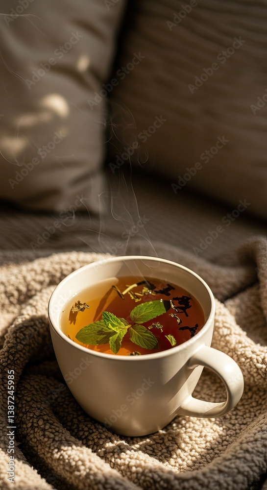 Cozy autumn morning with steaming herbal tea on warm blanket