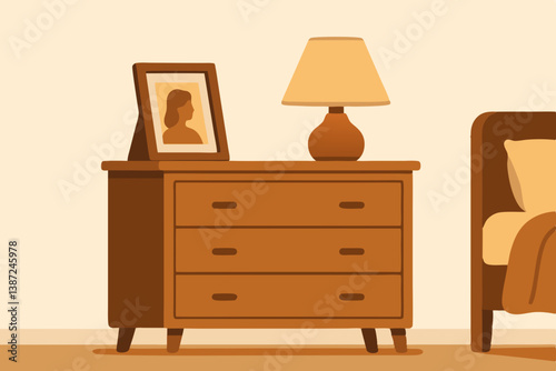 Minimalist Wooden Dresser with Table Lamp and Photo Frame in Warm Tones, Cozy Bedroom Interior Design Vector Illustration, Mid-Century Modern Furniture for Home Decor, Nostalgic Aesthetic