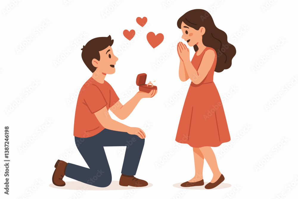 Romantic Marriage Proposal Vector: Man Kneeling with Ring Box, Surprised Woman, Hearts Floating, Couple in Love, Engagement Moment, Flat Design Illustration for Valentine's Day, Wedding, Romance Romantic Marriage Proposal Vector: Man Kneeling with Ring Box, Surprised Woman, Hearts Floating, Couple in Love, Engagement Moment, Flat Design Illustration for Valentine's Day, Wedding, Romance