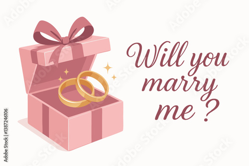 Romantic Marriage Proposal Vector Illustration with Pink Gift Box and Golden Wedding Rings, Elegant Engagement Concept for Valentine's Day, Anniversary Cards, Wedding Invitations, and Love Celebration