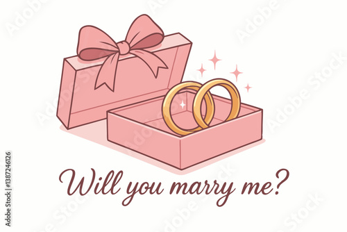 Elegant Pink Gift Box with Golden Wedding Rings and Romantic Marriage Proposal Text, Engagement Illustration for Valentine's Day, Anniversary Celebrations, Wedding Invitations and Romantic Occasions