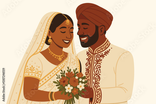 Elegant South Asian Wedding Couple Vector Illustration with Traditional Attire, Decorative Embroidery, Floral Bouquet, Cultural Celebration, Romantic Moment, Minimalist Style for Wedding Invitations