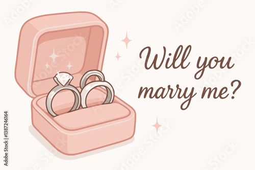 Romantic Marriage Proposal Vector Illustration: Elegant Engagement Ring Box with Diamond and Wedding Bands, Will You Marry Me Text, Pink and Brown Color Scheme for Wedding Invitations