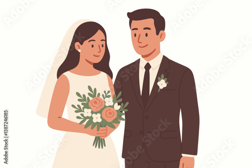 Elegant Minimalist Wedding Couple Vector Illustration with Bride in White Dress Holding Floral Bouquet and Groom in Dark Suit, Modern Flat Design for Wedding Invitations and Celebration Graphics