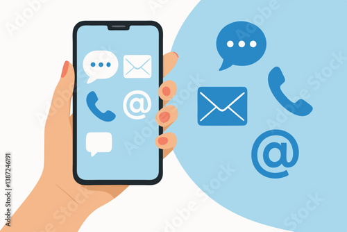 Modern Smartphone Communication Icons Vector Illustration with Hand Holding Device, Email, Message, Chat and Phone Symbols on Blue Background for Mobile App Design, Digital Marketing and Social Media