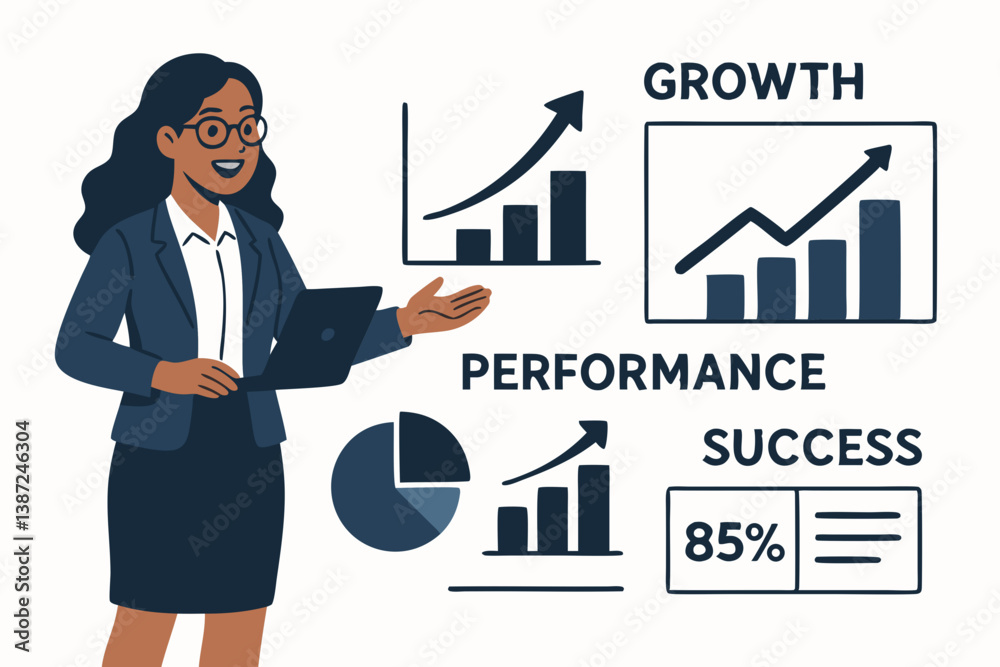 Professional Businesswoman Analyzing Growth Charts and Performance Metrics in Corporate Presentation Professional Businesswoman Analyzing Growth Charts and Performance Metrics in Corporate Presentation