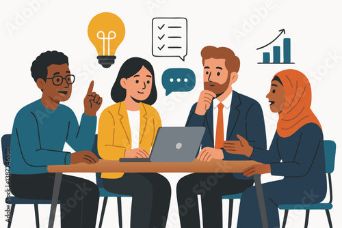 Diverse Business Team Brainstorming Ideas with Laptop, Creative Collaboration Meeting with Multicultural Professionals, Innovation Concept with Light Bulb, Checklist and Growth Chart Illustration