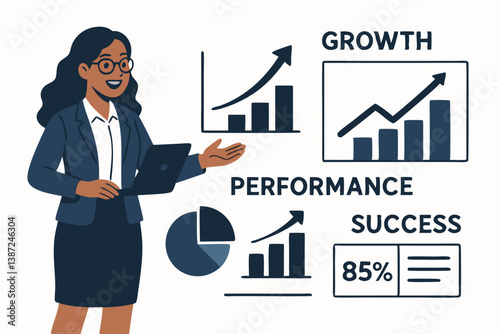 Professional Businesswoman Analyzing Growth Charts and Performance Metrics in Corporate Presentation